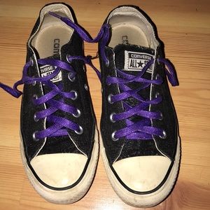Black sparkly converse with sparkly purple laces